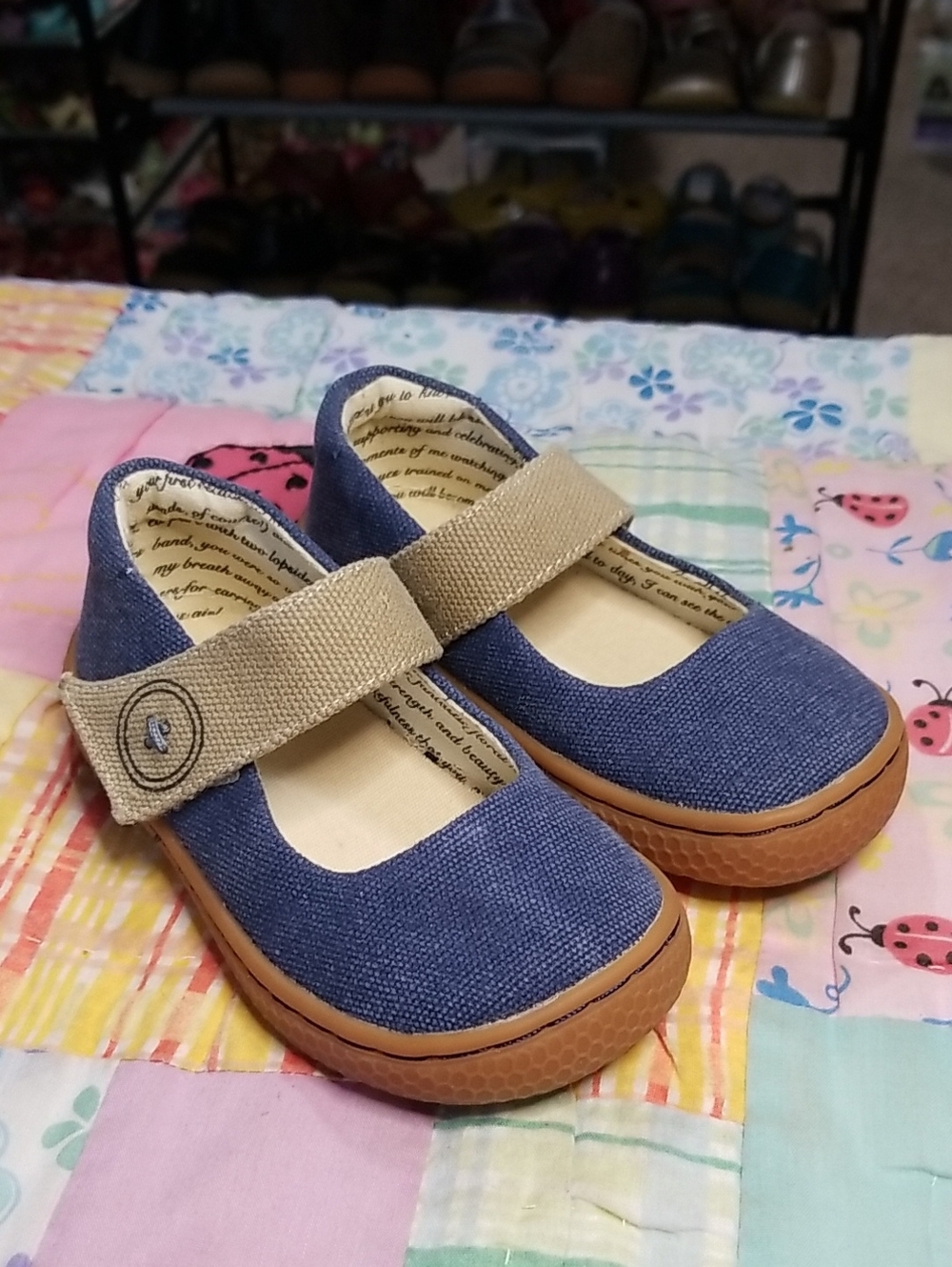 Livie & Luca Blue Canvas Mary Janes with Tan Strap Size 7 Carta II
